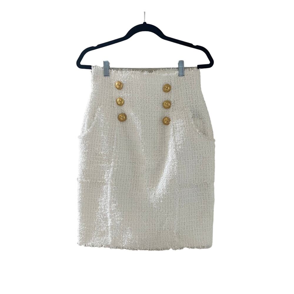 NWOT Balmain White Tweed high-waisted pencil skirt Gold Buttons sz FR 38 US 6